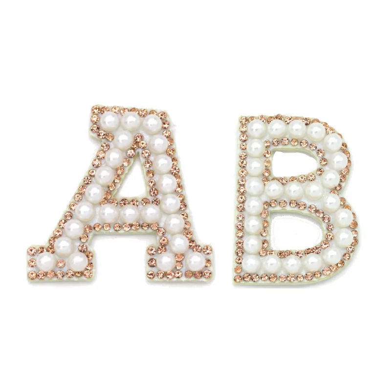 

champagne color pearl Rhinestone Letter Patch Badge Garment Accessories handmade Initial Letter Patches 3D rhinestones appliques