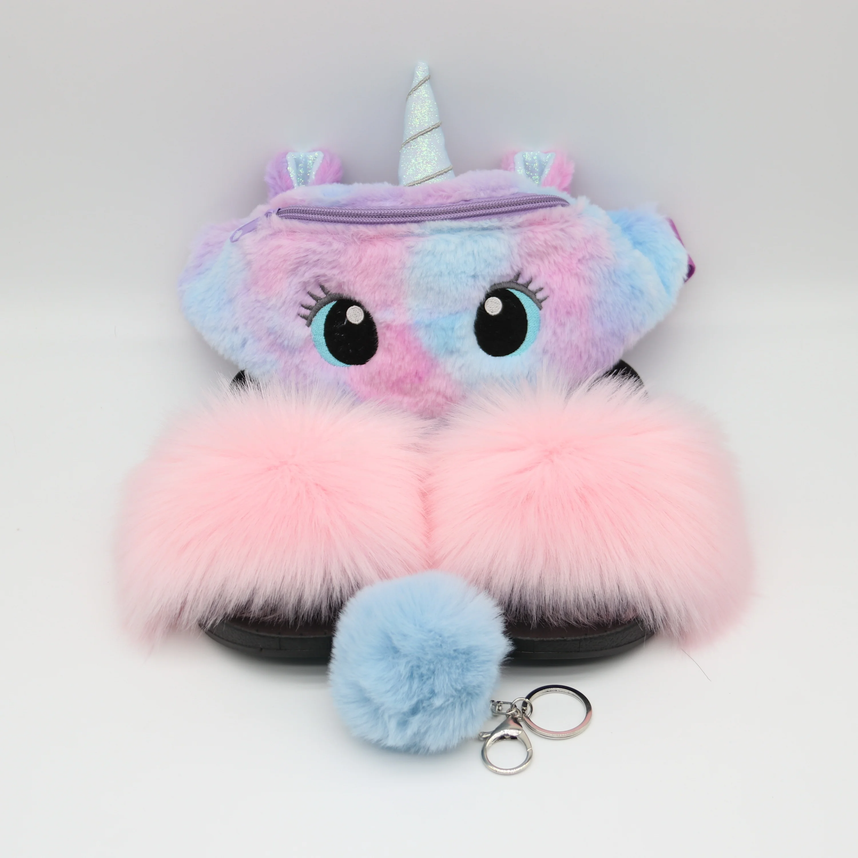 

pink colorful cute big eyes unicorn fluffy plush waist bag fur sandals fanny pack kids girls fur slides purse sets