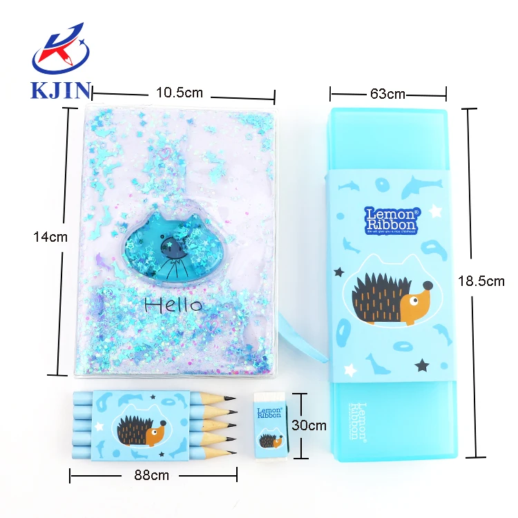 

Back to school pvc pencil case with 3inch pencils and eraser dairy A5 gillter bind notebook planner line paper for stationery