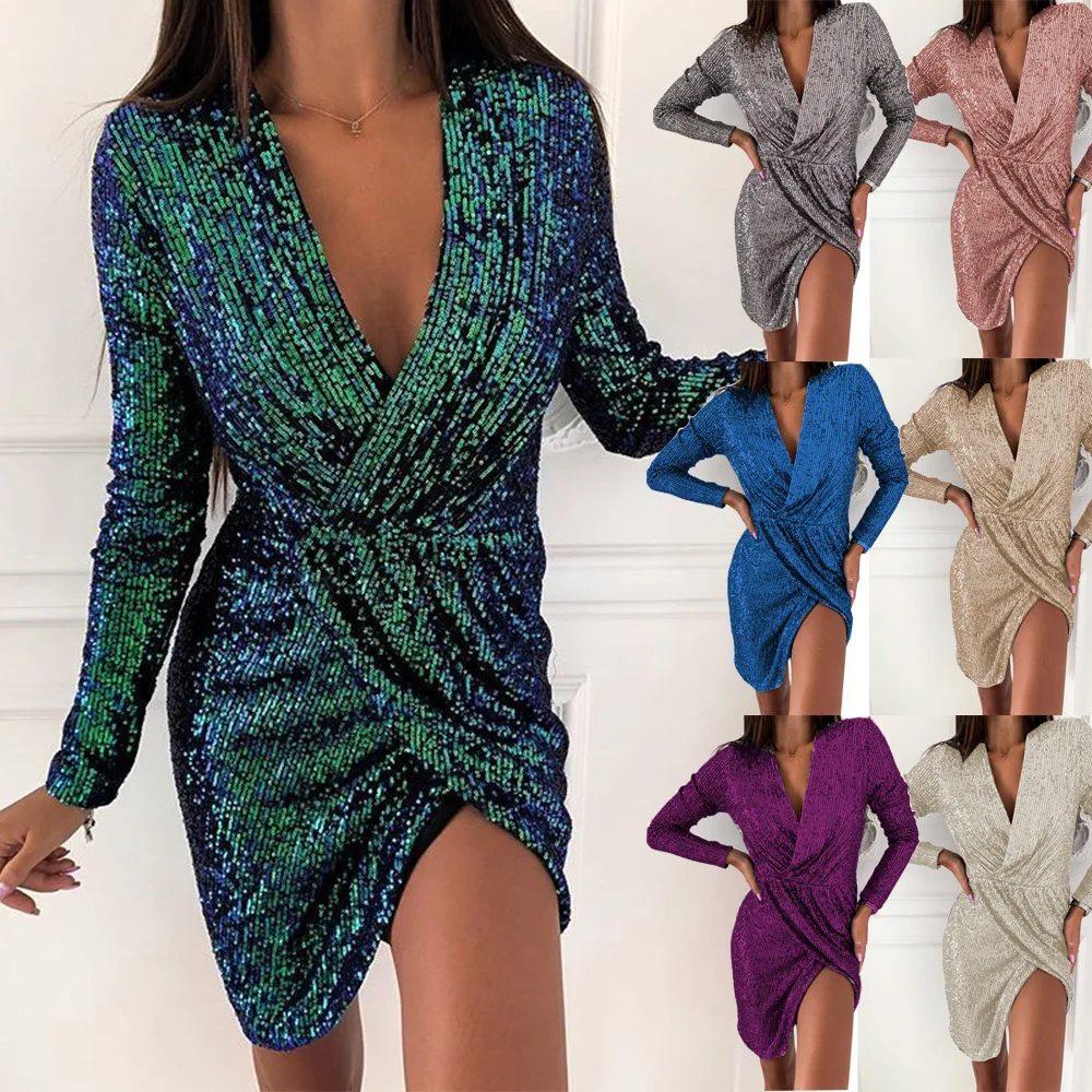 

WW-0114 Ms Bronzing Dress Long-sleeved V-neck Dress Bling Mini Sexy Dress, As your request