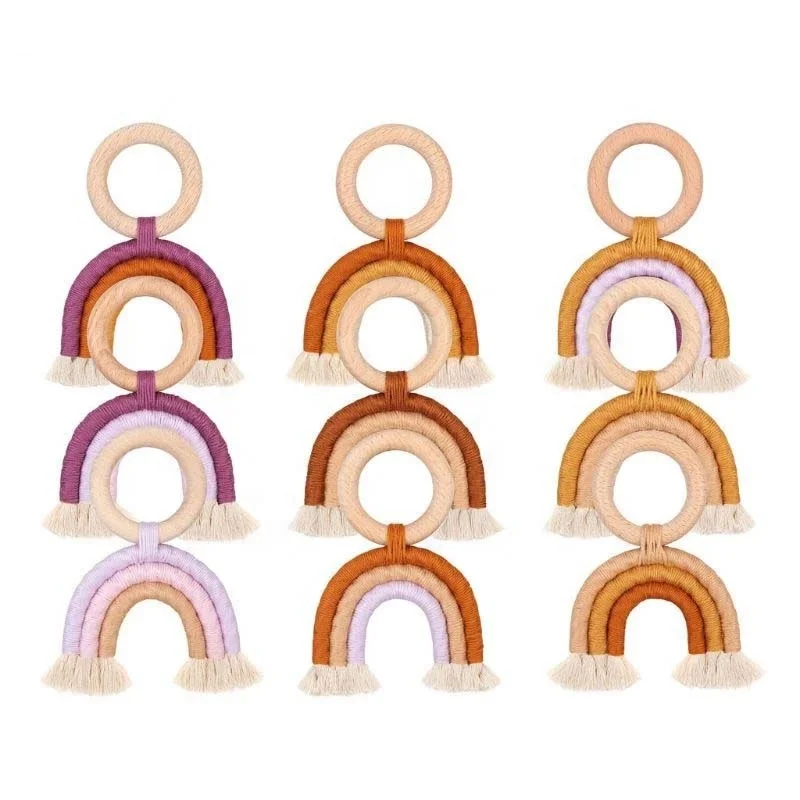 

Newborn Baby Wooden Teether Toys Rainbow Macrame Teether Wooden Chewing Teether Ring