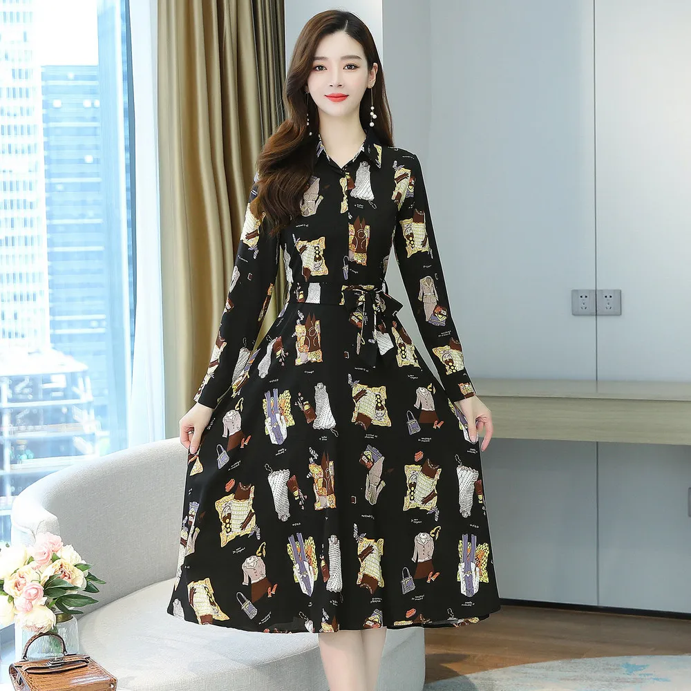 

2021 new fashion design Turn-down Collar pattern print long sleeve maxi dresses women autumn casual lady Polo shirt dress