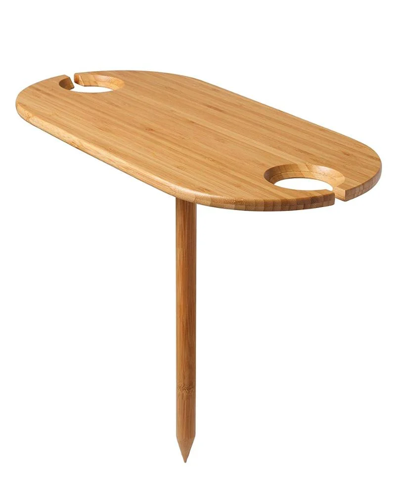 

Portable BBQ grill folding outdoor bamboo wine stand holder table with ground stake, Natural