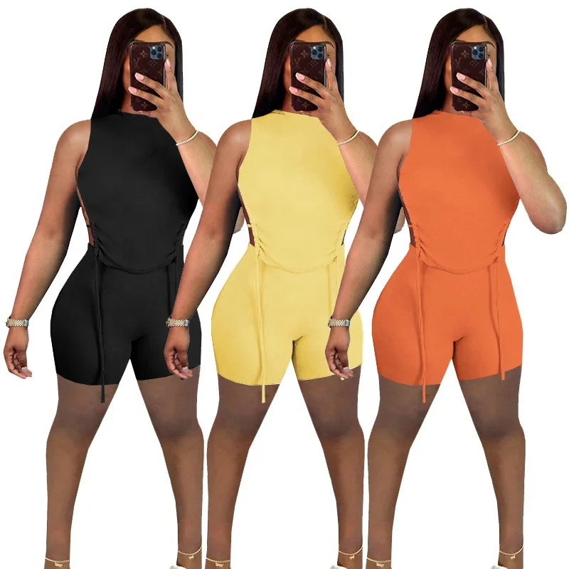 

MT103-9080 Women Set Solid Crop Tank Tops Sheath Elastic Mid Waist Pencil Shorts Pockets 2 Piece Set Tracksuit Outfit