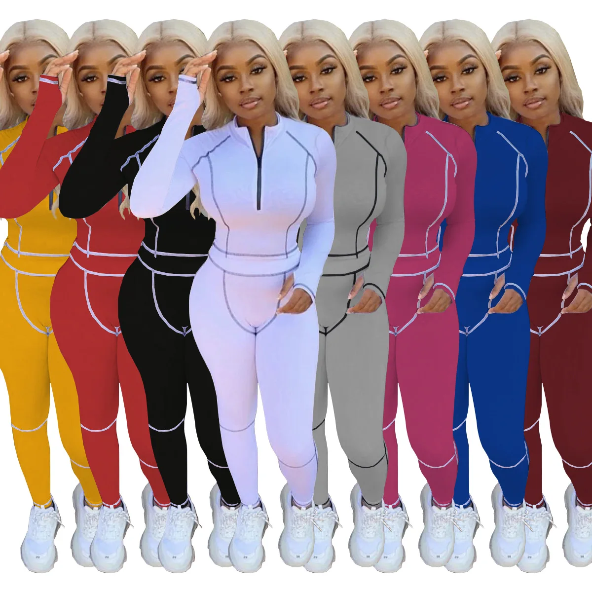 

High Neck Ribbed Outfits Custom Logo Embroidery Zipper Jogger Fall Women Clothing 2 Piece Set Sweatsuit Tracksuits For Women