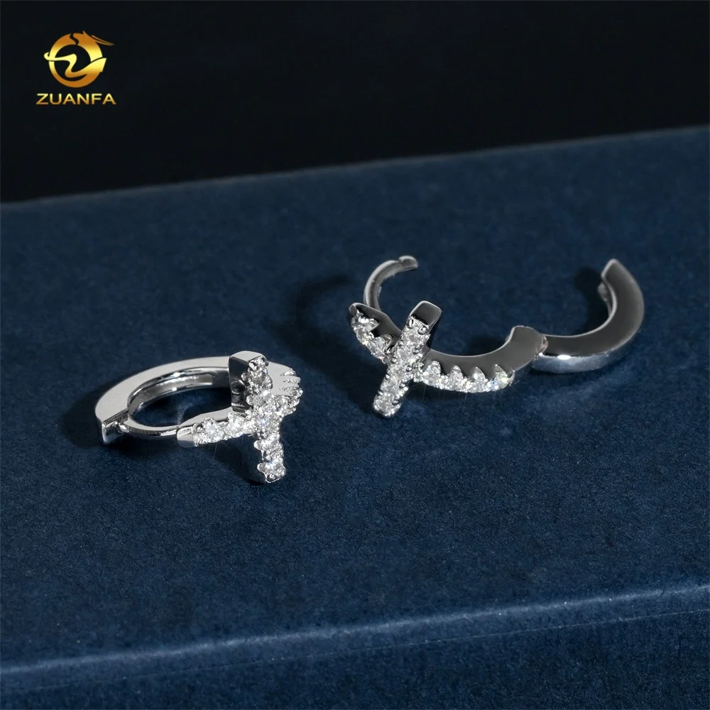 Iced Out Jewelry Cross Hip Hop Fashion 925 Sterling Silver Moissanite Hoops Earrings