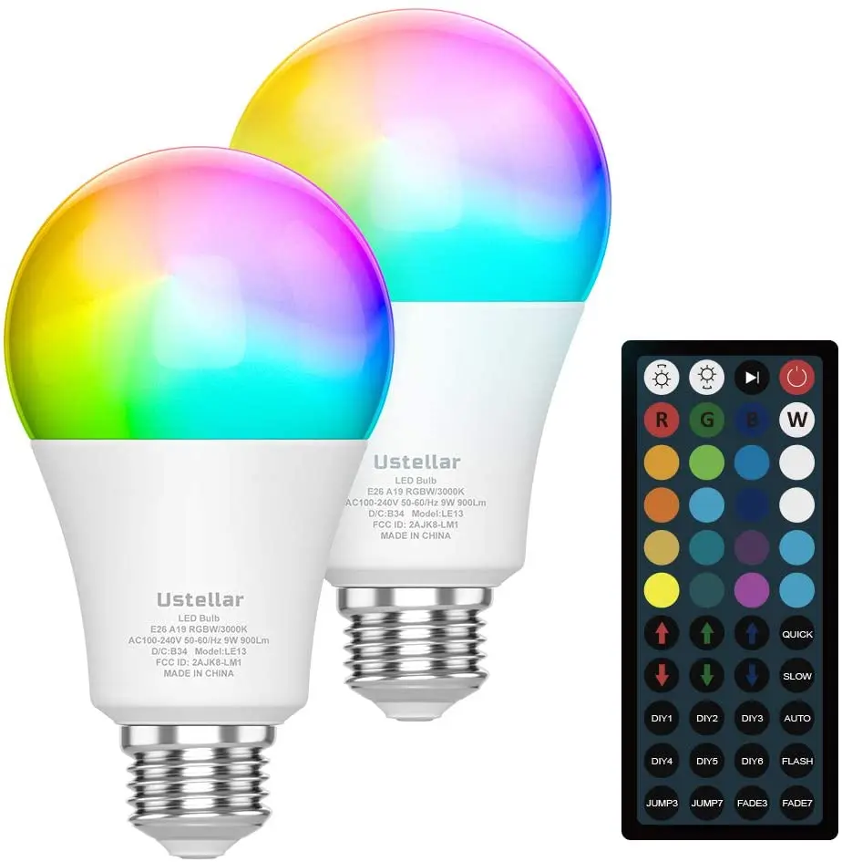 2Pack 9W RGB LED Light Bulbs with Remote, Color Changing Light Bulb, 900LM Dimmable E26 Screw Base RGBW