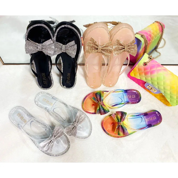 

Drop shipping nude summer knitted rhinestone flip flops transparent jelly beach slippers for women
