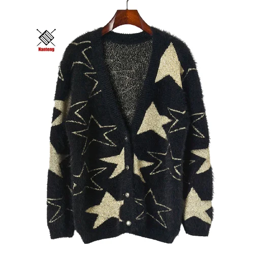 

Fashionable star pattern womens long sleeve chunky knit sweater cardigan with button