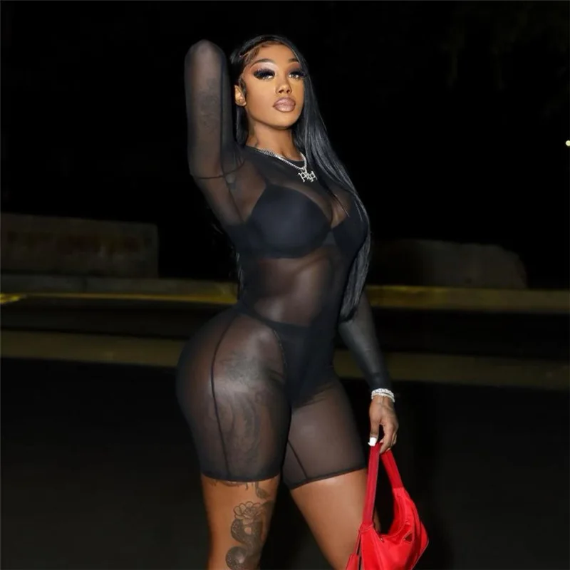 

Y2K Solid Sexy See Through Bodycon Playsuit Women Fashion Long Sleeves O-Neck Stretchy Romper Casual Lady Party Clubwear