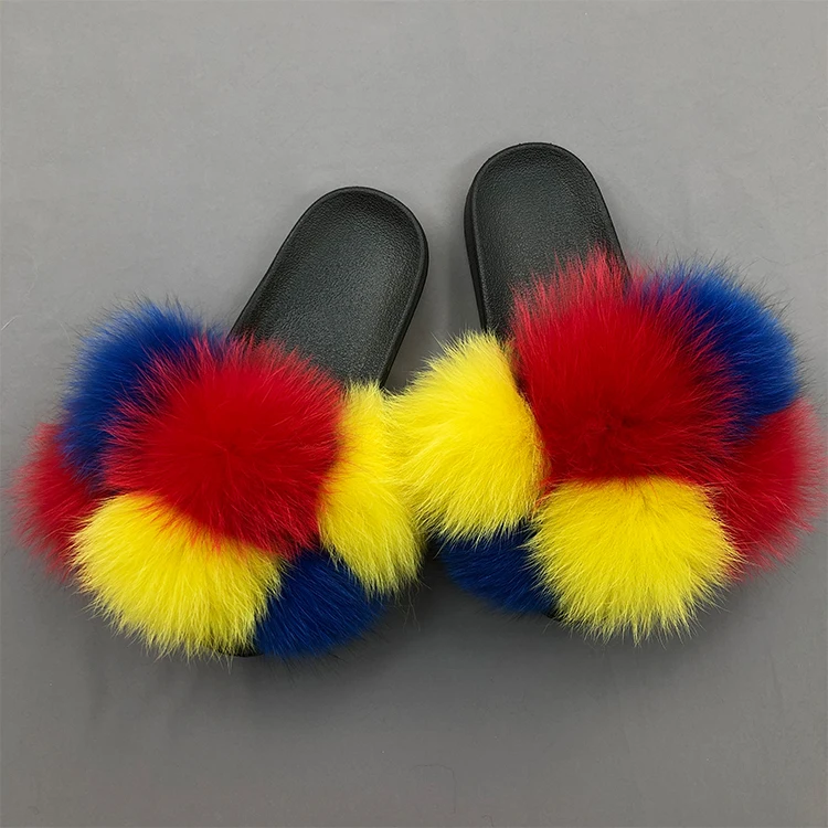 

Popular style women soft warm pom pom fluffy fur slippers real raccoon and fox fur slipper, Customized color