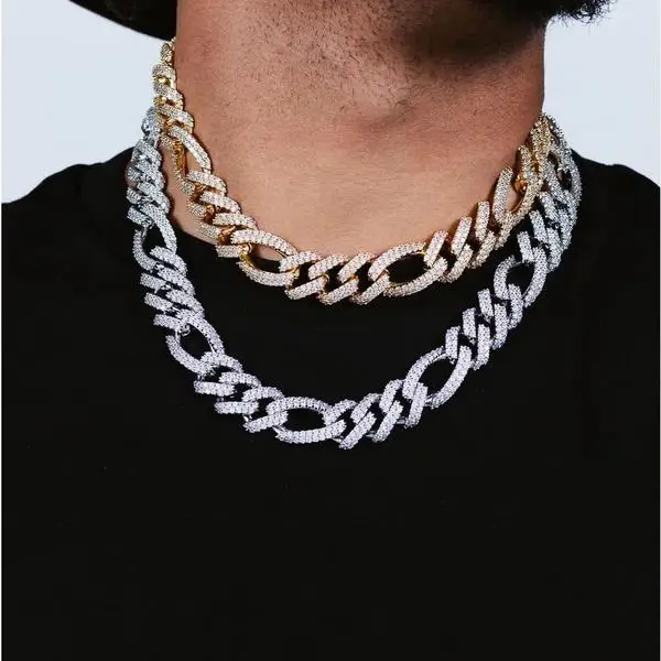 

full cz paved iced out bling cuban chain hip hop Rock men necklace 19mm figaro chain, Rose gold