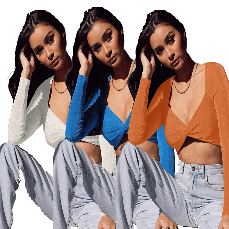 

DUODUOCOLOR Summer 2021 fashion new style sexy deep v neck solid color long sleeve crop tops woman D10680