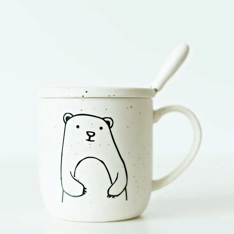 

Wholesale custom logo Cute animal pattern white ceramic coffee mug Bring spoon and lid porcelain creative Gift Couple tea cups
