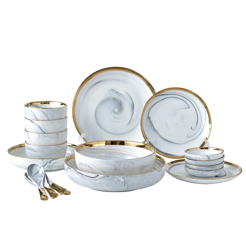 

Wholesale Luxury Grey Marble Restaurant Ceramic Dinner Set With Gold Rim