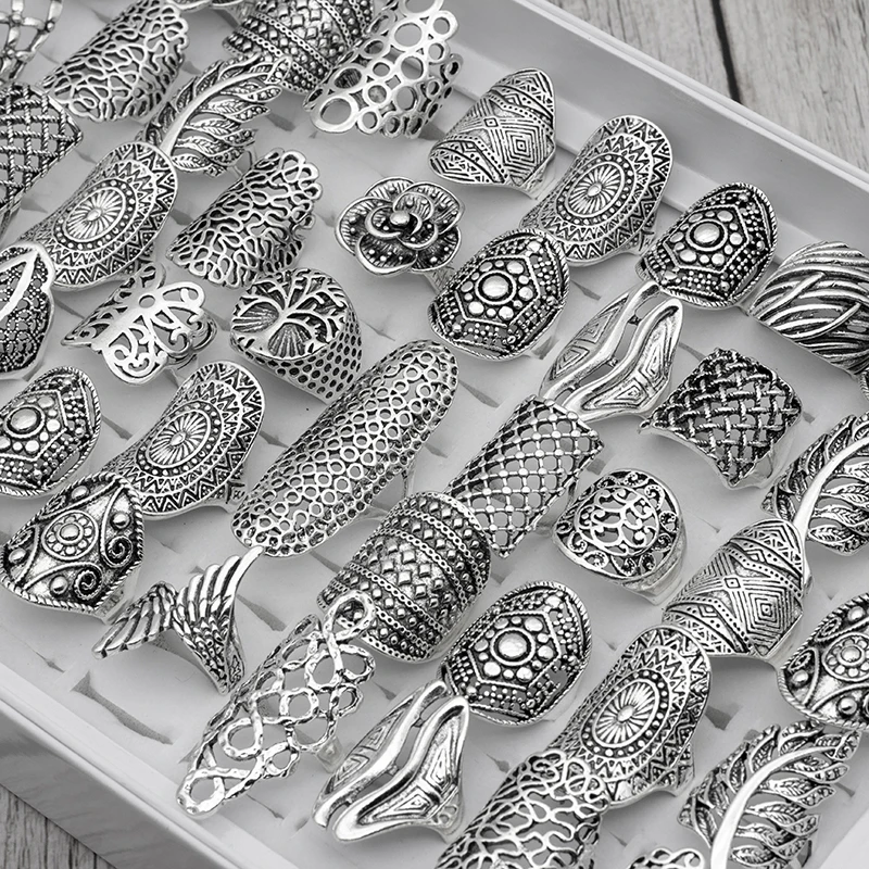

Wholesale 20pcs/Lots Bohemian Mix Style Vintage Carved Flower Bulk Lots Silver Plated Jewelry Rings For Women