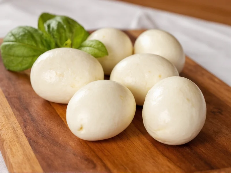 Fresh homemade mozzarella balls glistening on wooden board