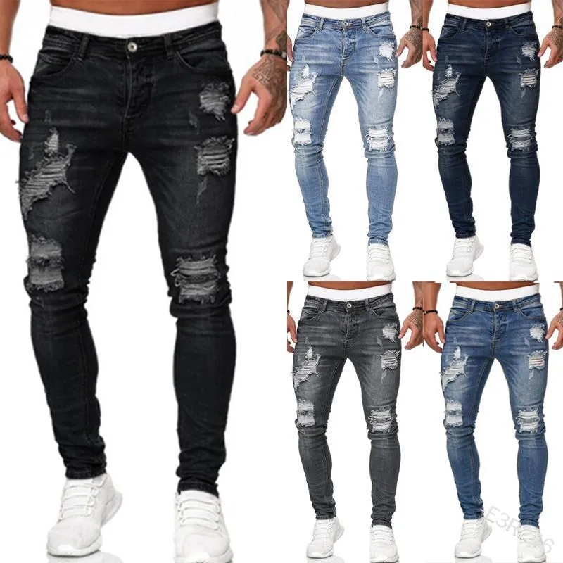 

Mens Ripped Skinny Jeans Blue Slim Fit Hole Pencil Pants Biker Casual Trousers Male Ripped Skinny Outwears Pants