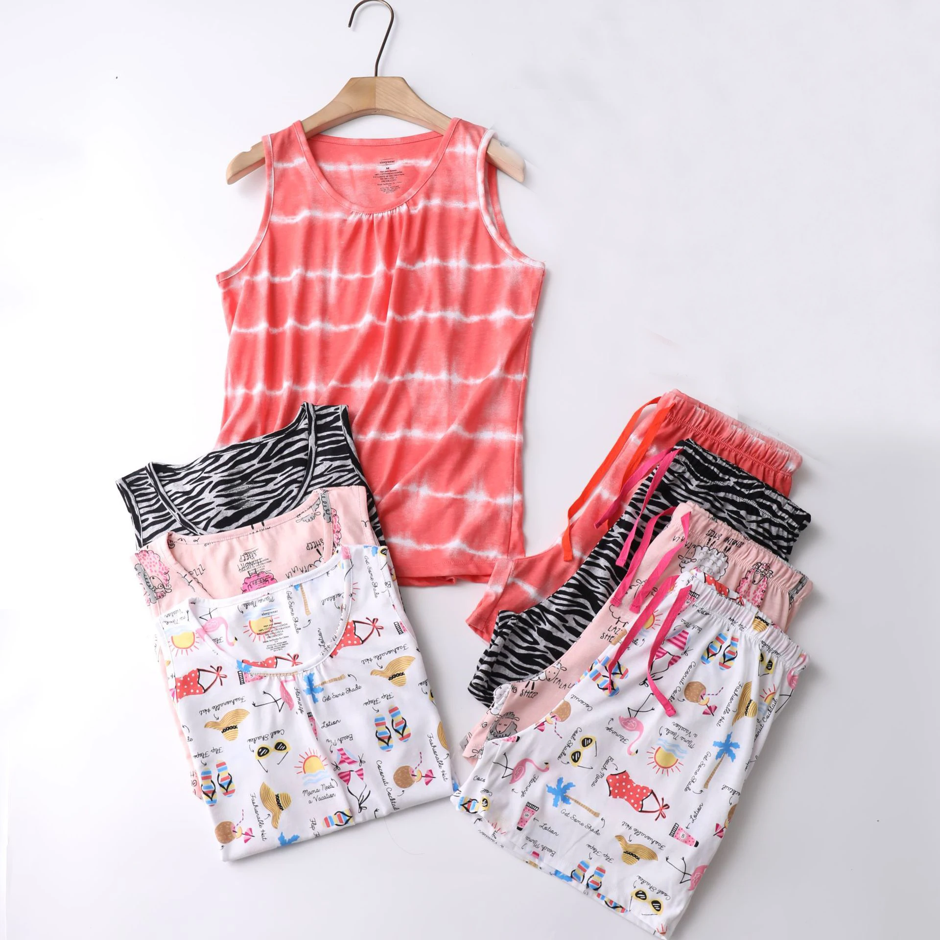 

Women's Sleepwear Women Two Pieces Pajama Sets 2021Summer Knitted Tee Vest Tank Tops with Shorts 2 PCS Pajamas Set Clothes