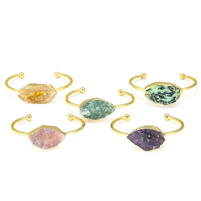 

Jewelry Gem Stone Crystal Adjustable Cuff Women's Bangles Bracelet Gold Plated Natural Citrine Amethyst Raw Stone Bangle