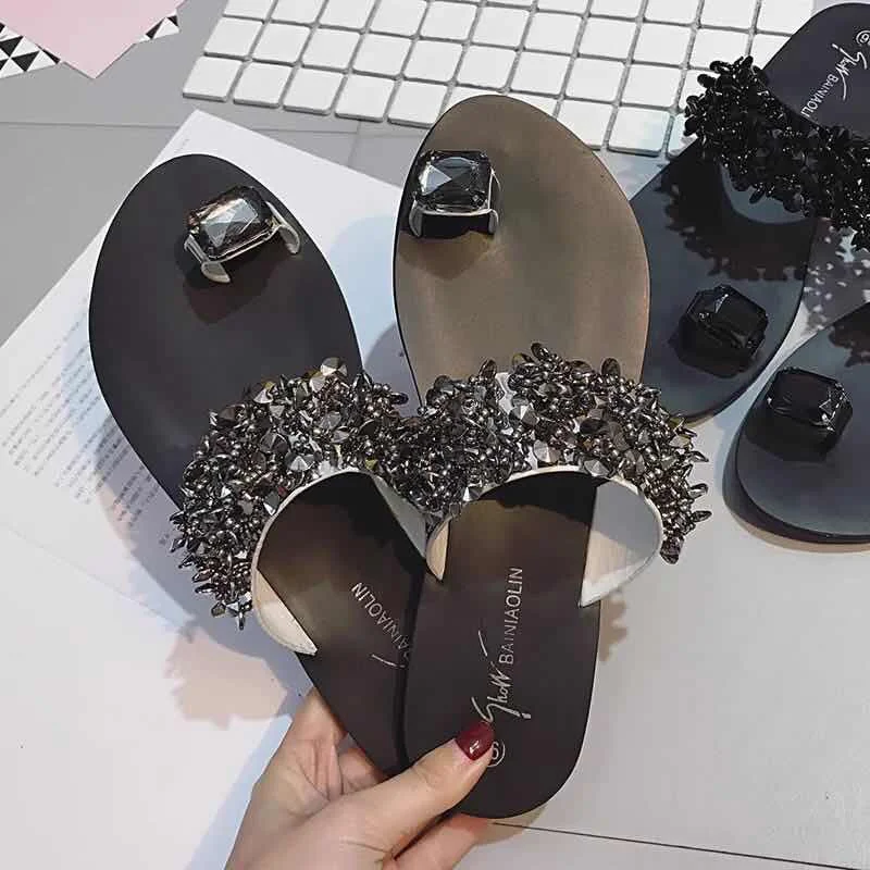 

2020 hot style female rhinestone sandals & slippers women's flat flip-flops summer hotel slippers girls shoes women beach sandal, Silver/black
