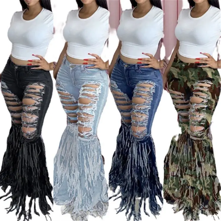 

OSINA Latest Design Fashion Hole Trumpet Woman Jeans 2021 Tassel Women Jeans Woman High Waist Jeans