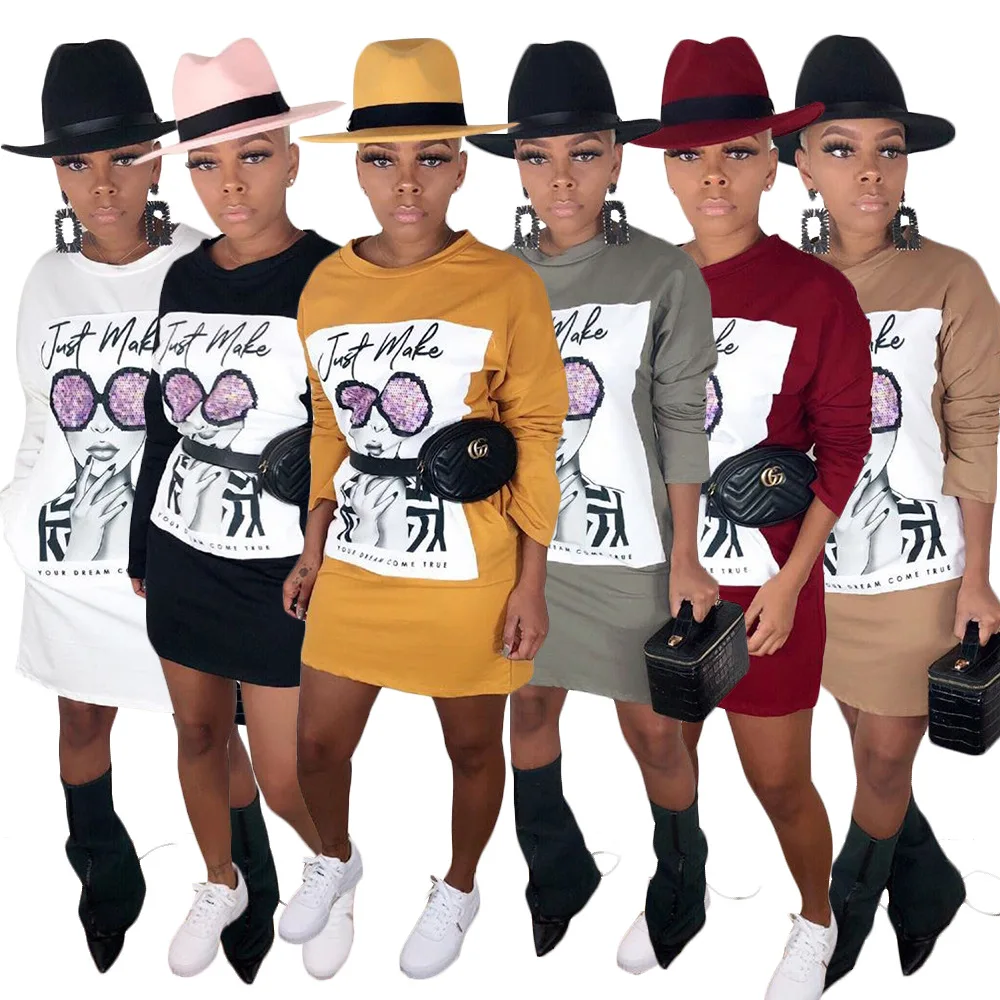 

013019 Fashion Casual Avatar Printing Long T-shirt Dress Long Sleeve Slim Fit Solid Color Sheath Dress for Women