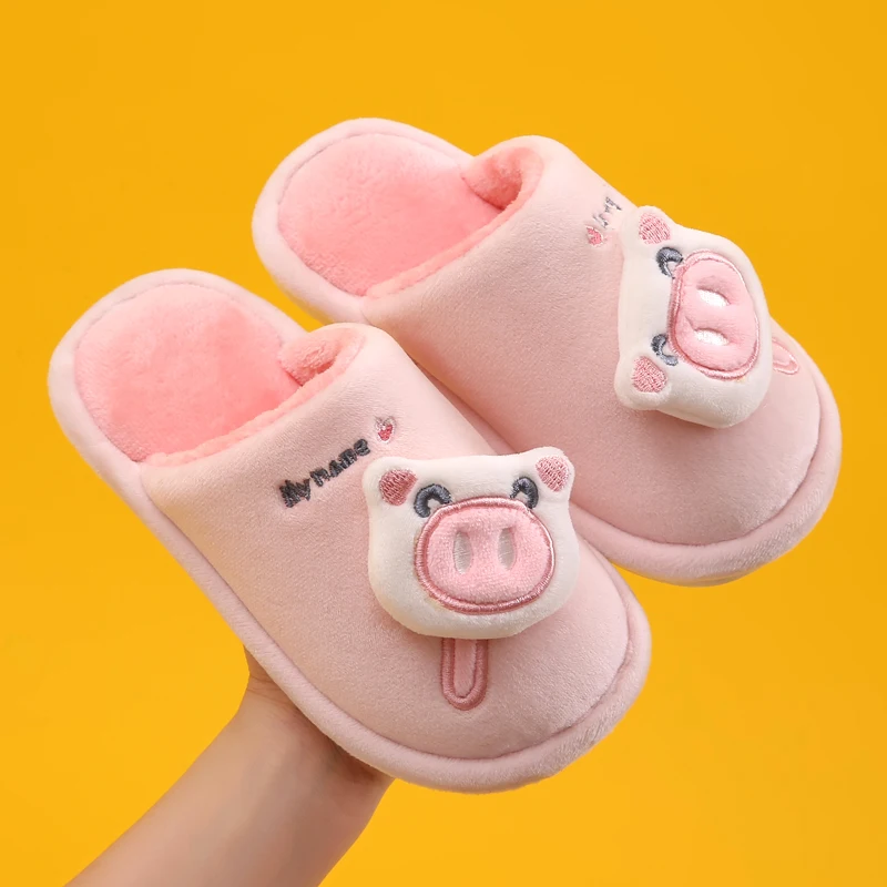 

Cute cartoon piggy winter warm cotton slippers, parent-child floor home shoes, soft bedroom slippers