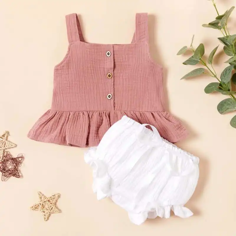  Sleeveless Dress And Pants Outfits Summer linen cotton baby girl sling two-piece set