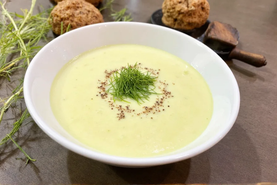 Creamy fennel soup in white bowl garnished with fennel fronds and black pepper