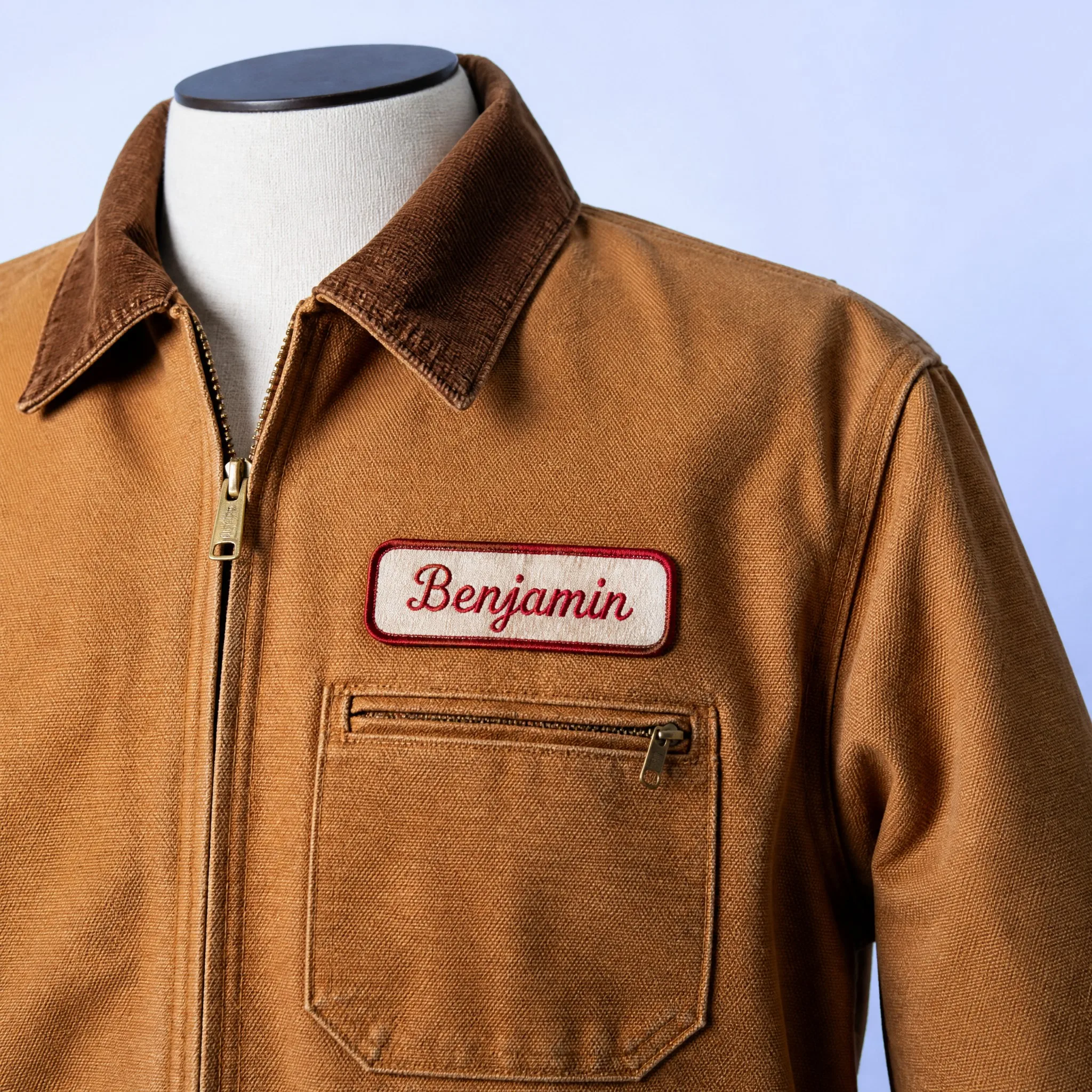 Benjamin Vintage Script Embroidered Name Patch Stitched onto Tan Duck Canvas Workwear Jacket Chest Pocket with Corduroy Collar