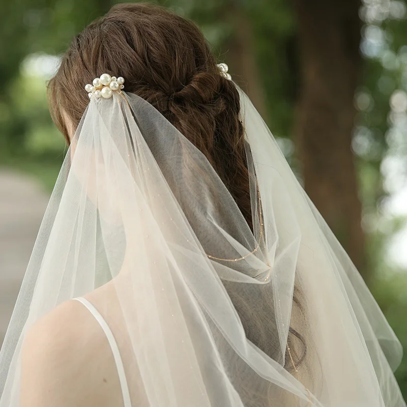 

Elegant Champagne Colored Wedding Veils Pearl Hair Accessories Soft Tulle Wedding Bridal Veil