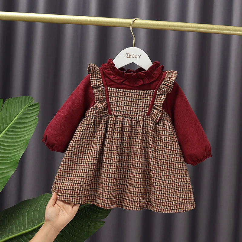 

CYB20484 Winter lace collar children clothing two piece fleeced checkered red cotton dress for baby girl princess
