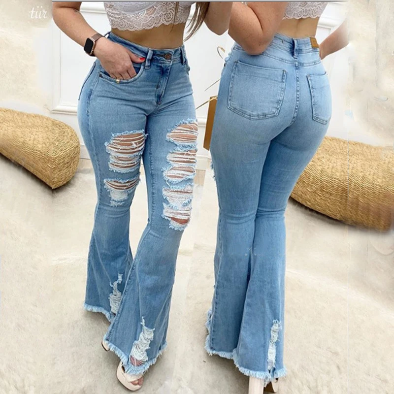 Blue Pockets Buttons Flare Bell Bottom Ripped Distressed Denim Casual Bootcut Long Jeans