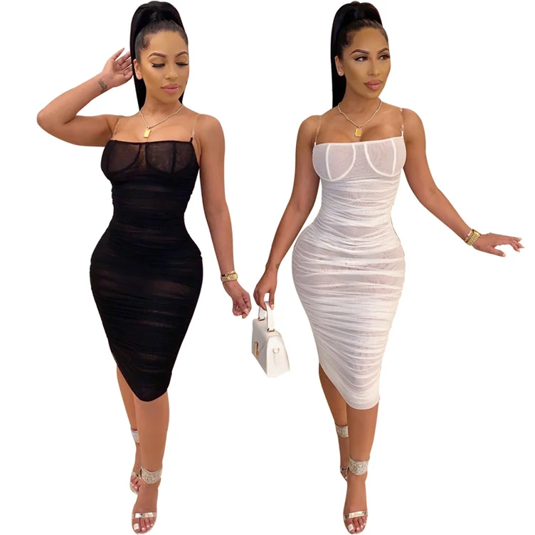

*YH-T096 2020 new arrivals hot spaghetti strap transparent mesh pleated wholesale Bodycon Sexy Women Club Dresses ladies dress