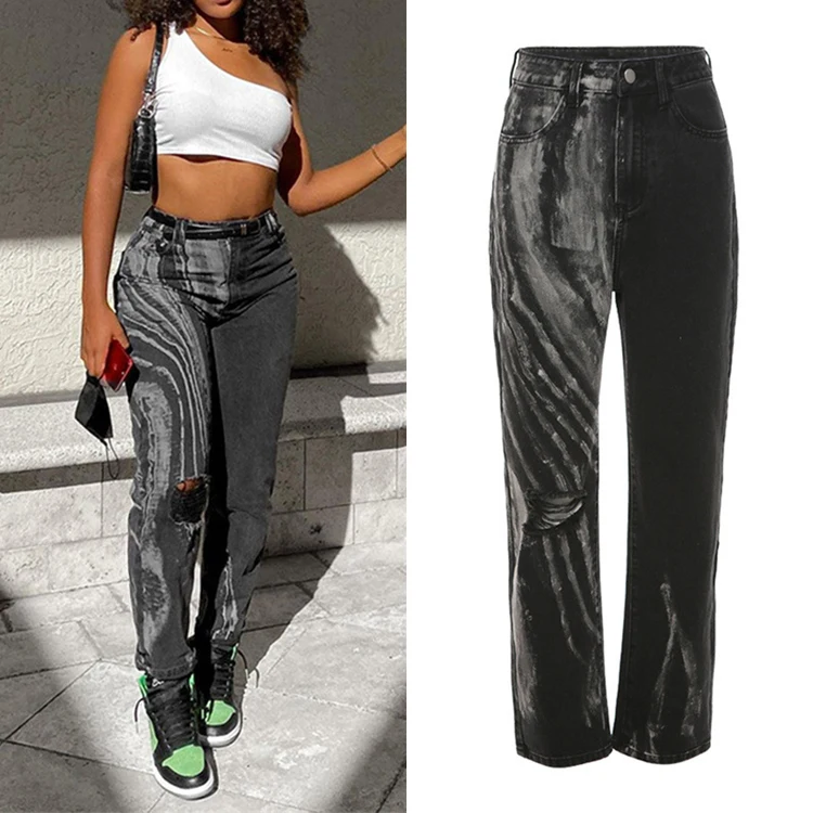 

Factory Direct Sales Casual Fashion High Waisted Pencil Trousers Hole Skinny Streetwear Pockets Casual Women Jeans