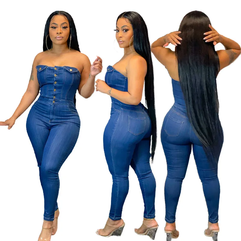 

Trendy Strapless Single-breasted Design Blue Cotton Blends Denim One-piece Skinny Bodycon Jeans Jumpsuit For Women, Color