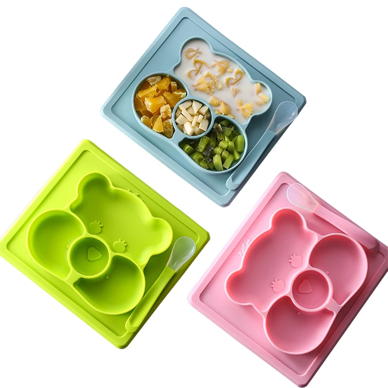 

Cartoon Food Feeding Dishes Tray Dinner Tableware Silicone Children Baby Divided Plate Mat With Spoon, Green/blue/pink