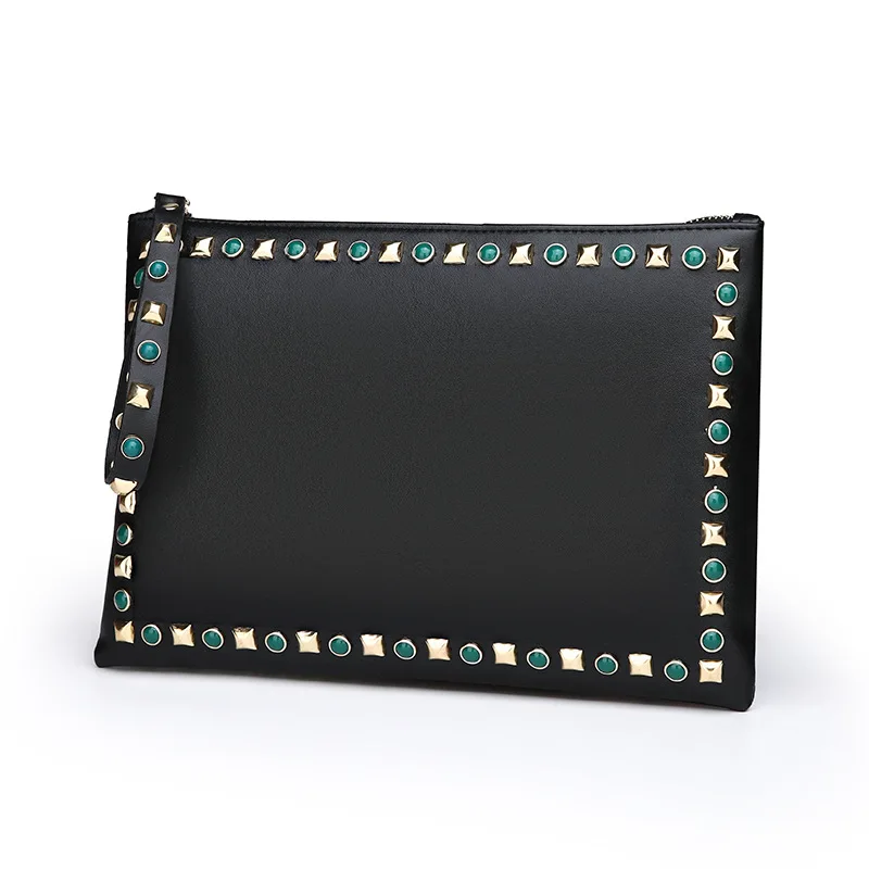 

Fashion Leather shoulder wristlet Gold studded details clutch Stud accents rivet envelope purse Kennedy makeup for women, As picture