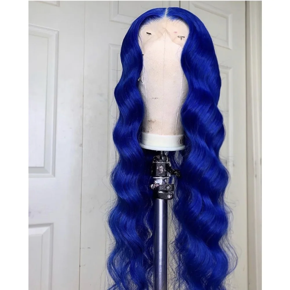 

Pre Plucked 26 Inches Silky Straight Wave Blue Color 100% Virgin Brazilian Human Hair Lace Front Wigs