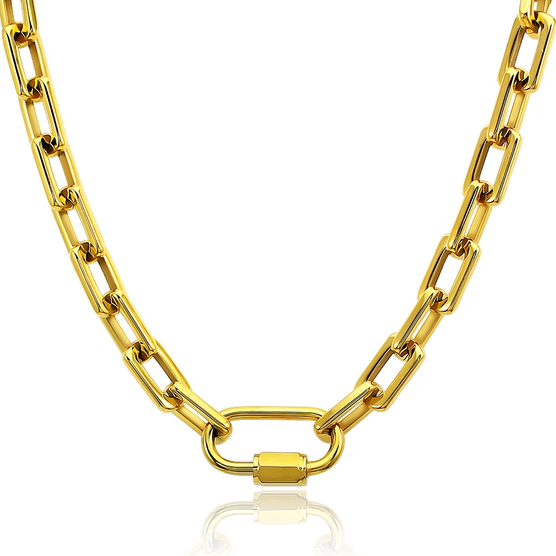 

Gold Color Link Chain Necklace Women Men Punk Thick Chain Choker Necklace Big Lock Heavy Stainless Steel Necklace Bracelet Set, Gold, silver