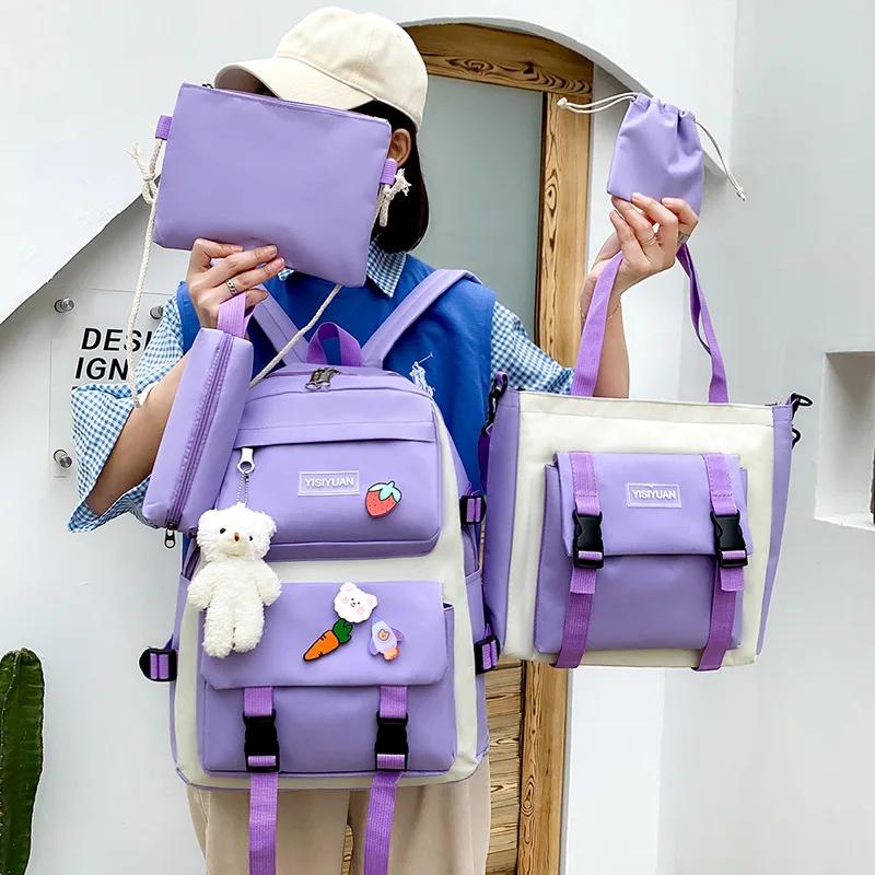 

Canvas Backpack Combo Stylish Kids Student 5 Pieces School Bag Set For Girl