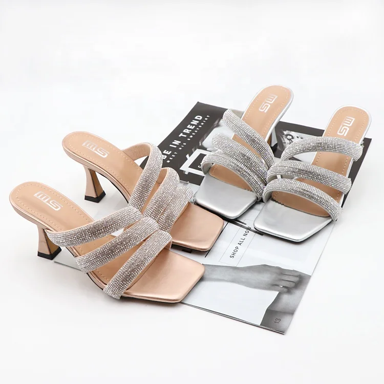 

2022 Women Sandals Bling Chain High-Thin-Heel Rivet Open-Toes One Word Slippers Fashion Casual Sexy All-Match Women Shoes, Black, gold,white,sliver