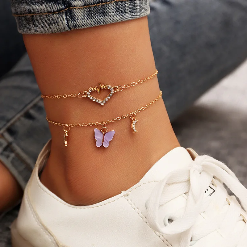 

2pcs Bohemian Multi Color Rhinestone Moon Heart Foot Chain Anklet Set Colorful Acrylic Butterfly Charm Anklet
