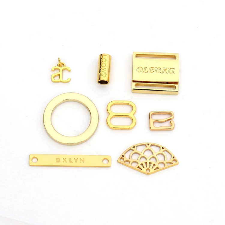 

Nickel Free  Design Gold Metal Labels Clasp Ring Sliders , Hardware Accessories For Beachwear, Bikini, Swimwear, Bra, Shiny rose gold , gold,silver or other color