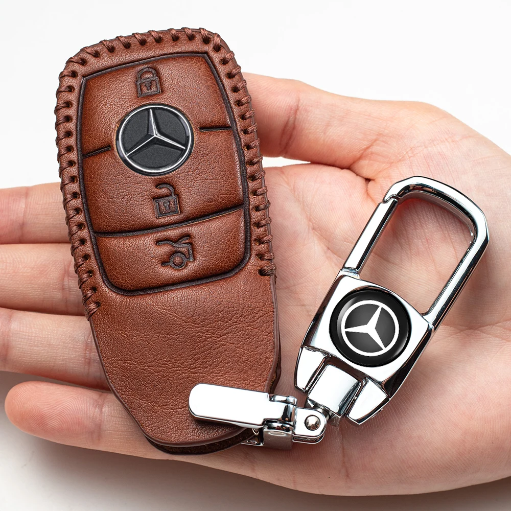 
Car Key Case - Genuine Leather Protector Keychain suit for Mercedes Benz C E S M CLS CLK G Class car Key Fob cover Smart Car 