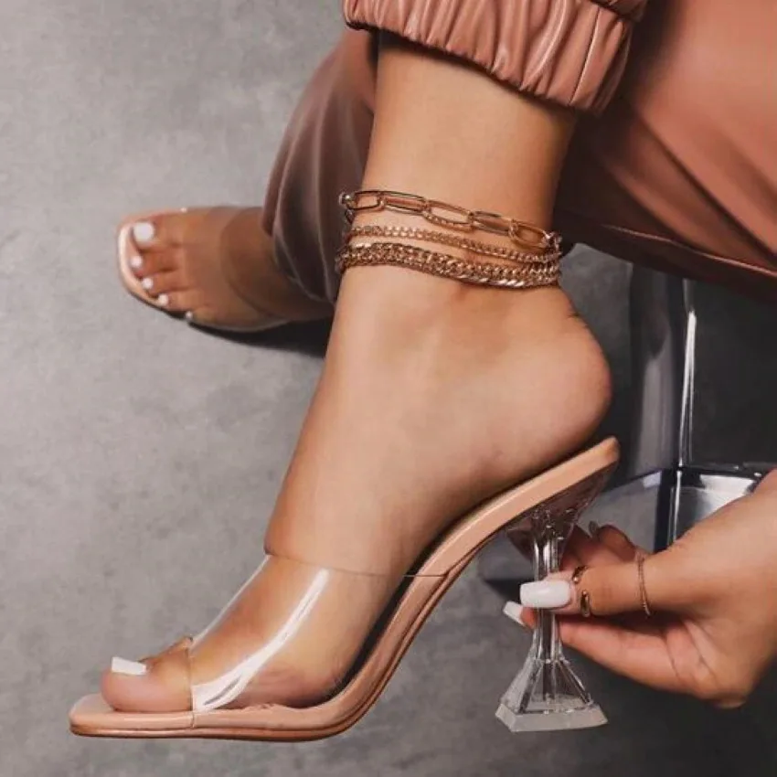

2021 Spring New Plus Size Women'S Shoes Fashion Rhinestone Peep-Toe Pumps Stiletto High Heel Slippers