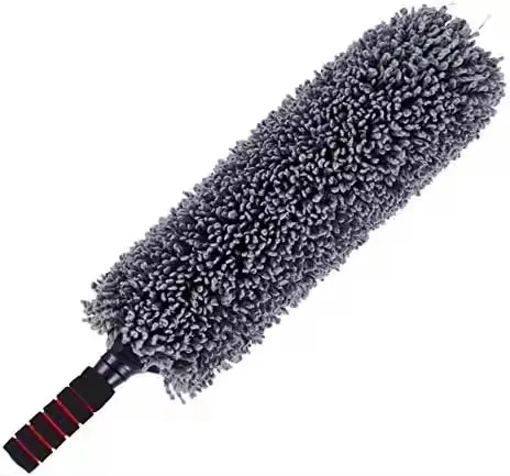 Grey microfiber chenille car brush head on a moulded handle with red accent rings