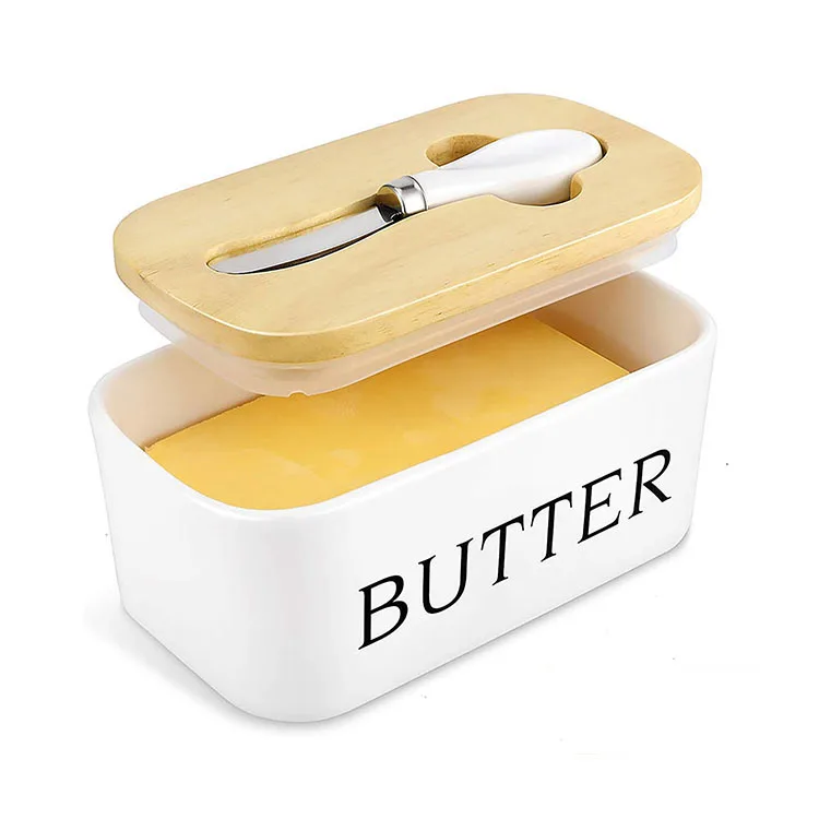 

500ml White Rectangle Airtight Butter Keeper Box Porcelain Butter Container Ceramic Butter Dish with Wooden Lip and Knife