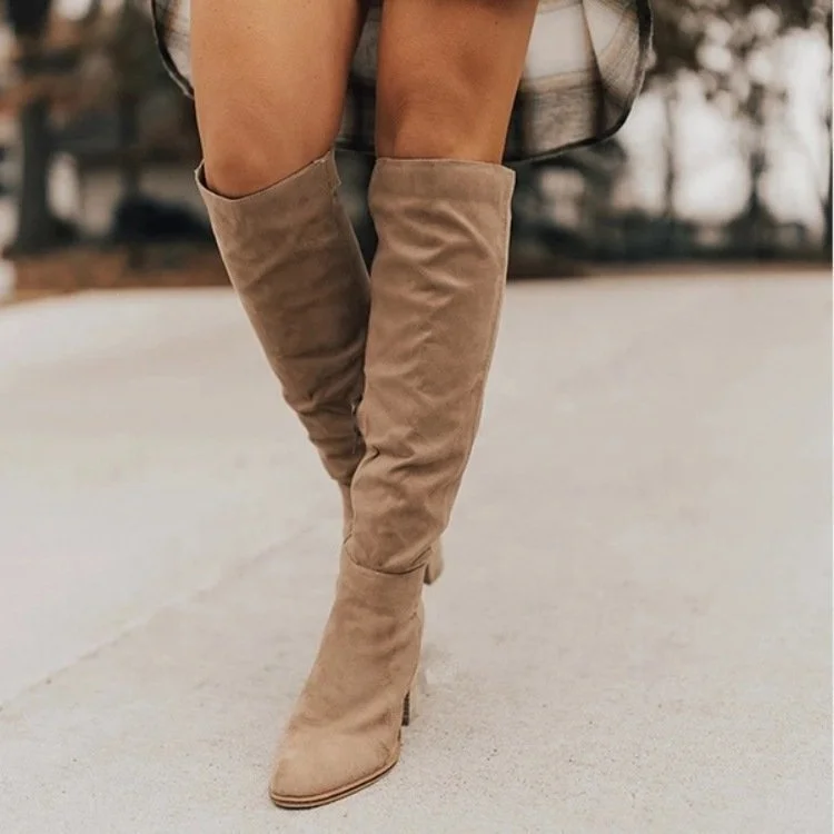 

Lady Designer Thick Heel Boots for Women Wood Medium Heel Women Knee High Boots Wedges Heel Pointy Toe Long Boots, Black apricot brown